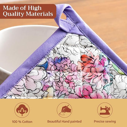 Maison d' Hermine 100% Cotton Oven Mitt & Pot Holder Set (7.5"x13" & 8"x8") Heat Resistant BBQ Cooking Gloves with Loop Baking Grilling Kitchen Hotel Home Farmhouse Spring Summer (Floral Love)