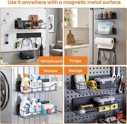 Magnetic Grill Caddy with Bins, BBQ Tool Organizer with Paper Towel Holder | Magnetic Grill Organizer, Magnetic Storage Rack, Fits Most Metal Gas Grills, Pellet Grills & Smokers