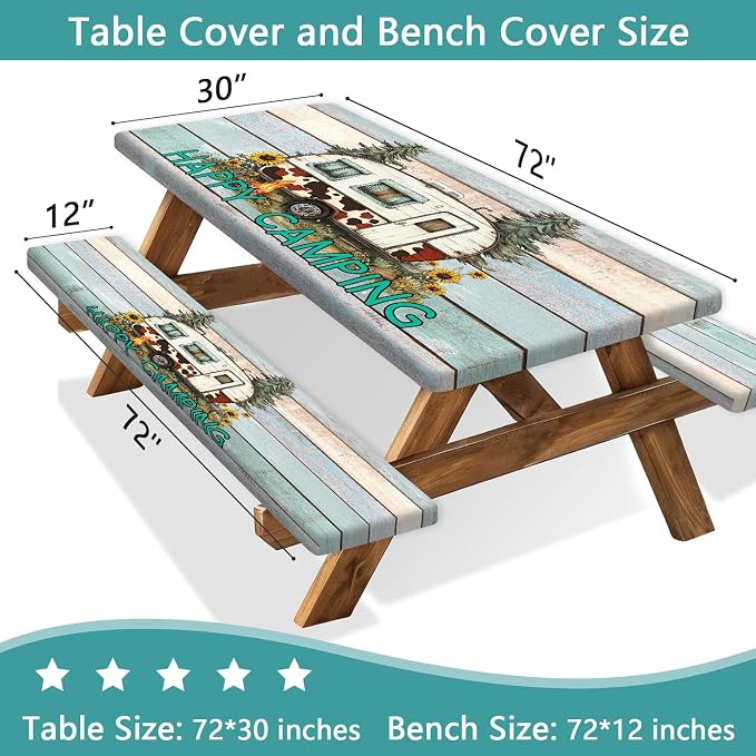 Flowers Picnic Table Cover with Bench Covers and Bag, Camping Essentials, Green Camper Wooden Grain Waterproof, Fitted Tablecloth Cover with Elastic Edge, Outdoor Table Covers, 3 PCS, 30x72 Inch