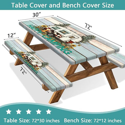 Flowers Picnic Table Cover with Bench Covers and Bag, Camping Essentials, Green Camper Wooden Grain Waterproof, Fitted Tablecloth Cover with Elastic Edge, Outdoor Table Covers, 3 PCS, 30x72 Inch