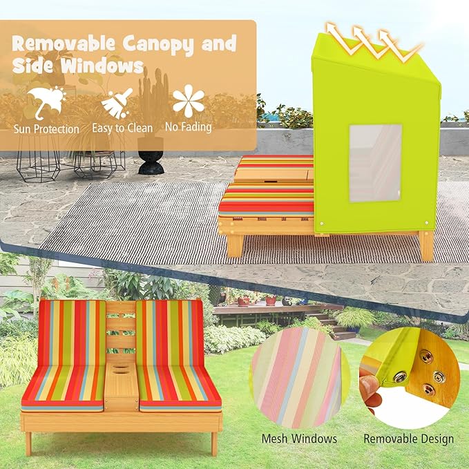 Kids Lounge Chair Outdoor, 2-Seat Toddler Patio Chair with Cushions, Cup Holders, Detachable Canopy, Wooden Double Chaise Lounge for Lawn, Pool, Garden, and Yard (Green)