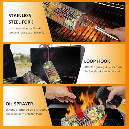 Rolling Grilling Basket for Outdoor Grilling,9-Piece Stainless Steel BBQ Accessories Set,Perfect Gifts for Men Dad Husband,Portable Camping Nesting Grill Baskets for Fish, Shrimp, Meat, Vegetables