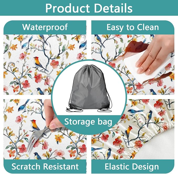 Bird Branch Picnic Table Cover with Bench Covers, Spring Summer Floral Waterproof Windproof, Fitted Tablecloth Cover with Elastic Edge, Camping Essentials, for Outdoor, Garden, 3 PCS, 30x60 Inch