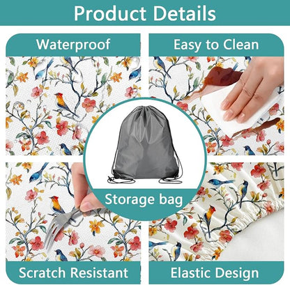 Bird Branch Picnic Table Cover with Bench Covers, Spring Summer Floral Waterproof Windproof, Fitted Tablecloth Cover with Elastic Edge, Camping Essentials, for Outdoor, Garden, 3 PCS, 30x60 Inch