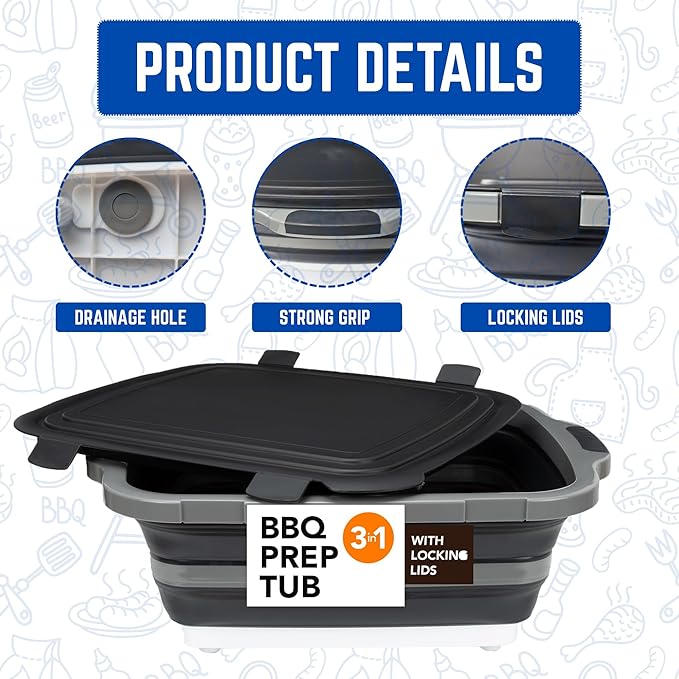 Collapsible BBQ Prep Tub - for Meal Prep Marinating Food Storage - Includes Cutting Board & Locking Lid - 16L - Black