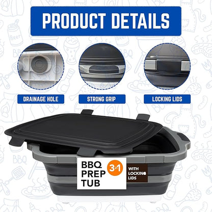 Collapsible BBQ Prep Tub - for Meal Prep Marinating Food Storage - Includes Cutting Board & Locking Lid - 16L - Black