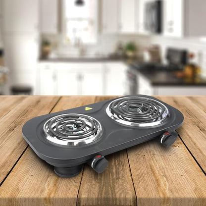 1500W Electric Double Burner Hot Plate with Adjustable Temperature Controls, Black