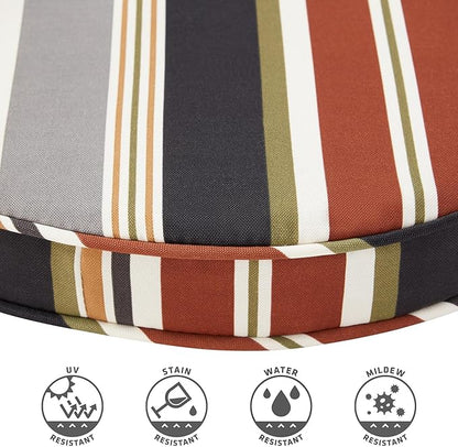 Set of 2 Outdoor 18 inch Round Patio Dining Chair Pads – Comfortable Fiber-Filled Seat Cushions with Ties, Reversible Polyester Fabric - Brick Stripe