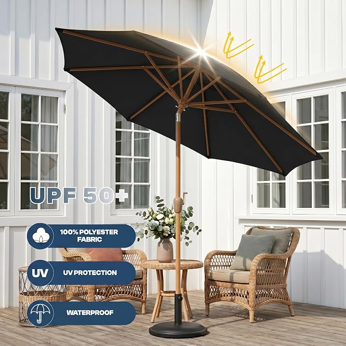 9ft Outdoor Patio Umbrella, Market Table Umbrella with Crank and Easy Push Button Tilt, Wood Grain Frame, UPF 50+ for Pool, Garden, Deck, Backyard