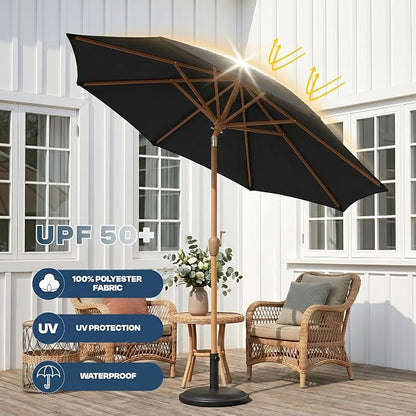 9ft Outdoor Patio Umbrella, Market Table Umbrella with Crank and Easy Push Button Tilt, Wood Grain Frame, UPF 50+ for Pool, Garden, Deck, Backyard