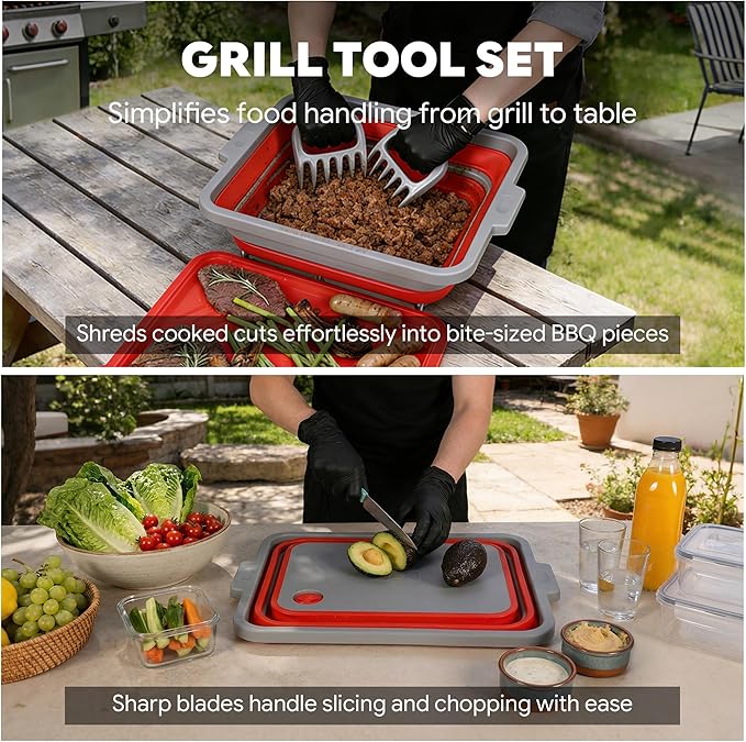 FEASTO Collapsible BBQ Prep Tubs with Cutting Board, 9-IN-1, 2 Tubs Portable Grill Prep Station with Side Brackets, Lids, Knives, Meat Claws and Drain Rack, Space-Saving for Kitchen & Camping, Red