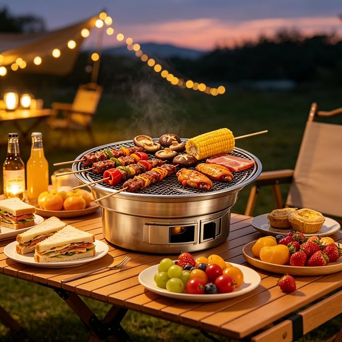 Mini Charcoal Grill 13.4" Stainless Portable BBQ Smoker Set for Camping | Compact for patio, park, travel, non-stick pan, mesh racks, cool-touch handle, tongs & coal clip set, lightweight travel