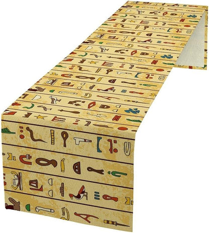 Egyptian Print Table Runner, Colorful Hieroglyphics on Papyrus Old Paper Decor Indian Wedding Reception Party Decorative for Dining Table 13x90 Inch