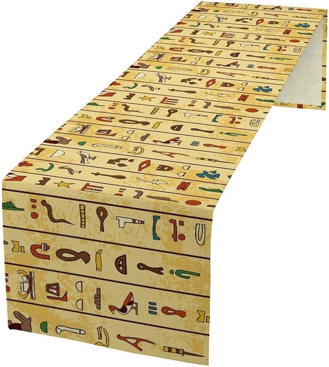 Egyptian Print Table Runner, Colorful Hieroglyphics on Papyrus Old Paper Decor Indian Wedding Reception Party Decorative for Dining Table 13x60 Inch