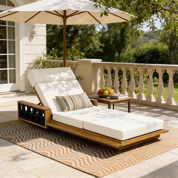 Merax Acacia Wood Patio Chaise Lounge with 4-Position Adjustable Backrest, Outdoor Sunbathing Recliner Chair & 4" Thick Four-fold Cushion for Poolside, Garden, Backyard, Patio, Cream