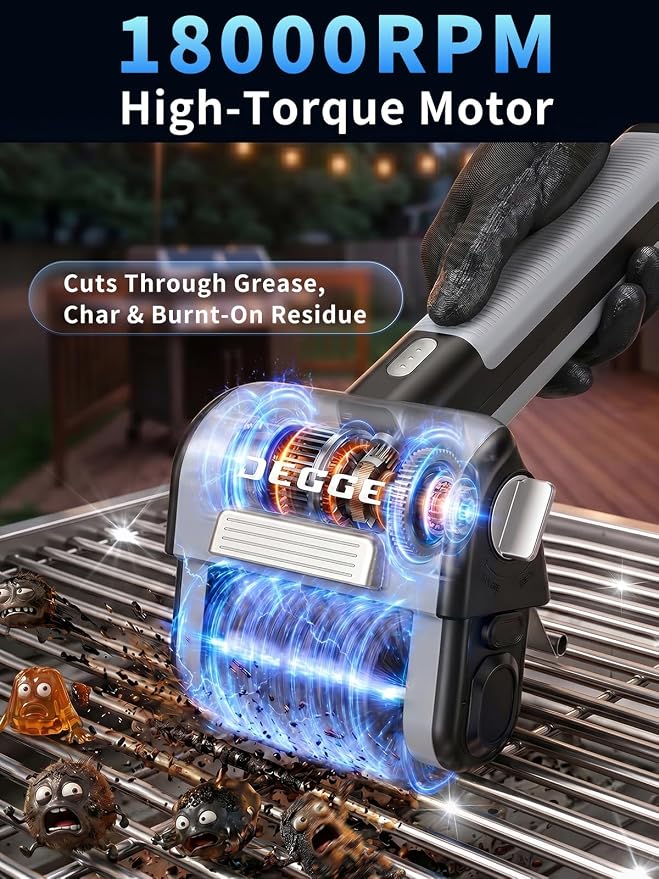 DEGGE Electric Grill Brush, Cordless BBQ Grill Cleaner with 4500mAh Battery | 800RPM High-Torque Motor, Built-in LED Light, 304 Stainless Steel Roller Brush for Uncoated Gas & Charcoal Grills