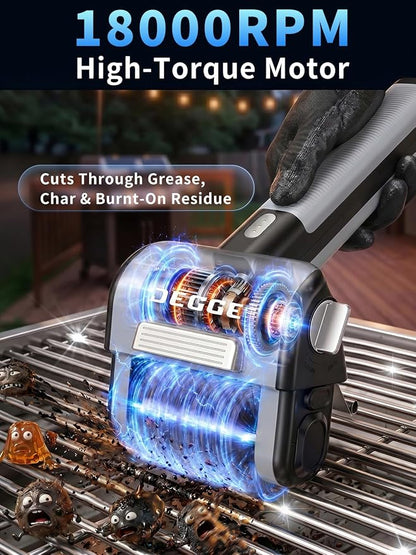 DEGGE Electric Grill Brush, Cordless BBQ Grill Cleaner with 4500mAh Battery | 800RPM High-Torque Motor, Built-in LED Light, 304 Stainless Steel Roller Brush for Uncoated Gas & Charcoal Grills