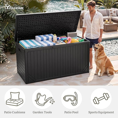 YITAHOME XXL 300 Gallon Extra Large Outdoor Deck Box, Lockable Resin Double-Wall Storage Box and Waterproof Patio Furniture Bin for Garden Tools & Pool Accessories, Black