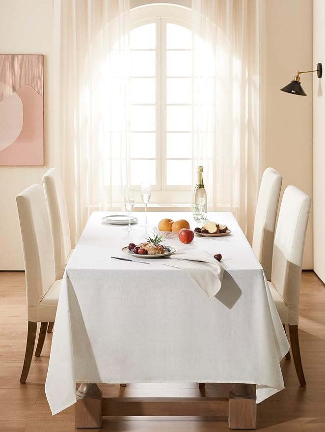 Cream Linen Rectangle Tablecloth Event Holiday Buffet Oblong Tablecloth Table Covers for 6 8 Foot Tables Washable Water Repellent Dining Table Cloth for 8-10 Seater 60x102 Inch