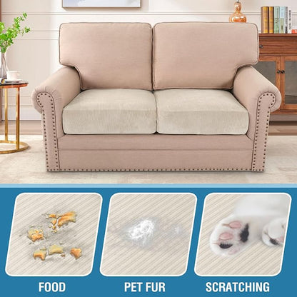 H.VERSAILTEX Velvet Stretch Couch Cushion Cover Plush Cushion Slipcover for Chair Loveseat Sofa Cushion Furniture Protector Seat Cushion Sofa Cover (2 Piece Medium Sofa Cushion Covers, Ivory Striped)