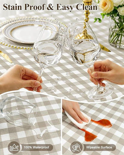 Seenus Waterproof Khaki Gingham Vinyl Tablecloth with Flannel Backed, Neutral Checkered Table Cloth for Farmhouse Rustic Decor, Summer BBQ, Outdoor Picnic and Tea Party, Rectangle 54x72 Inch