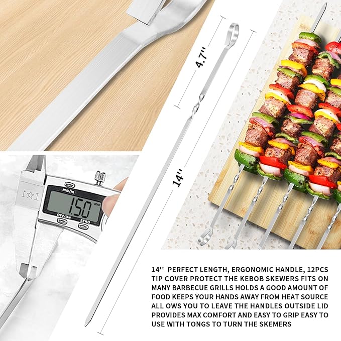 Kabob Skewers 14" Stainless Steel Long Barbecue Skewers, Flat Metal Kebob | BBQ Sticks Wide Reusable Grilling Skewers for Meat Chicken, Set of 12pcs with Storage Bag by JY COOKMENT