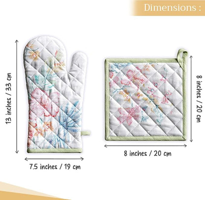 Maison d' Hermine 100% Cotton Oven Mitt & Pot Holder Set (7.5"x13" & 8"x8") | Heat Resistant BBQ Cooking Gloves with Loop Baking Grilling Kitchen Hotel Home Farmhouse Spring Summer - Paradise Island