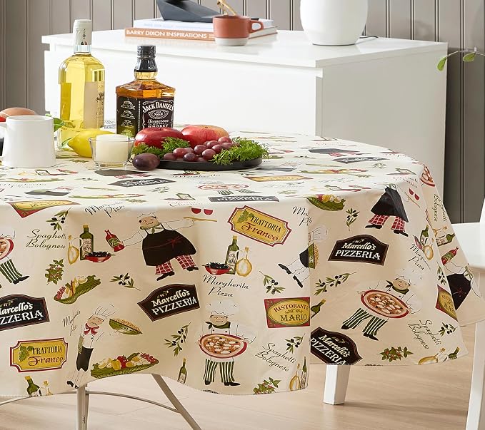 Newbridge 60 x 84 Inch Oval Vinyl Tablecloth with Flannel Backing, Italian Bistro Chef, Novelty Chef Indoor Outdoor Waterproof Table Cover for Picnic, Barbecue, Patio and Kitchen Dining, Ivory