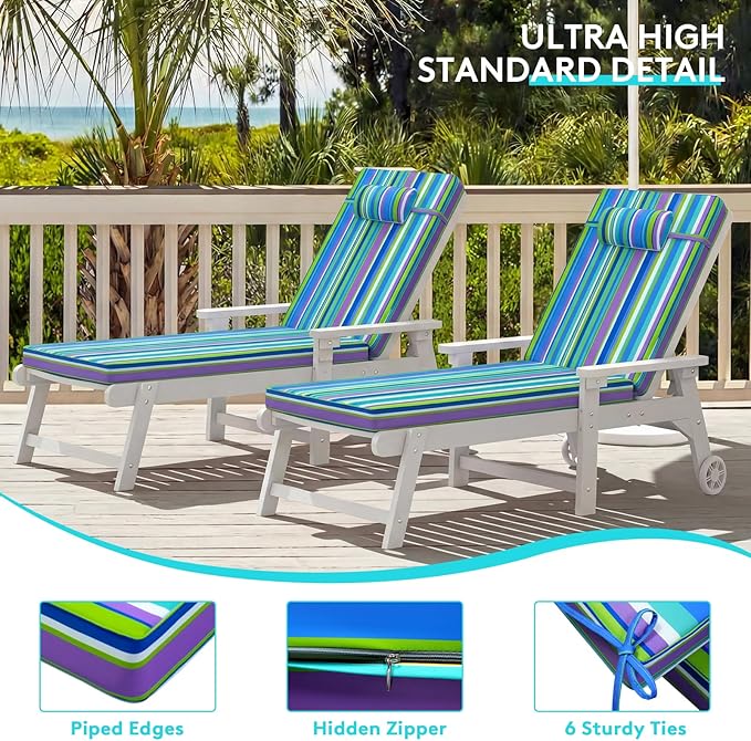 Chaise Lounge Cushion for Outdoor Furniture, Waterproof, Fade-Resistant and Tear Resistant, Patio Lounger Pads with Removable Cover for Pool, Deck, Lawn, 72x21x4 Inch, Blue & Green Stripe