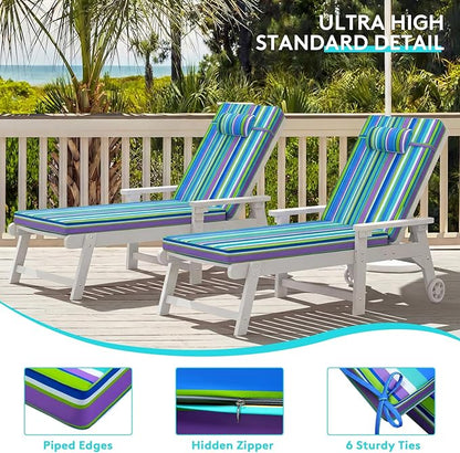 Chaise Lounge Cushion for Outdoor Furniture, Waterproof, Fade-Resistant and Tear Resistant, Patio Lounger Pads with Removable Cover for Pool, Deck, Lawn, 72x21x4 Inch, Blue & Green Stripe