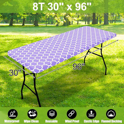 Smiry Picnic Fitted Table Cover, 8 Foot Flannel Backed Vinyl Tablecloth | Waterproof Elastic Stretch Table Cloth, Wipeable Plastic Tablecloth for Camping, Indoor & Outdoor (Lavender, 30" x 96")