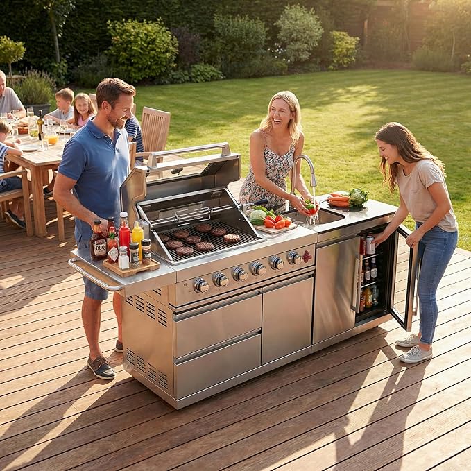 84" Modular Outdoor Kitchen Island, 4-Burner 75,300 BTU BBQ Island with Side Burner, Integrated Sink & Refrigerator, Side Prep Shelf, NG Conversion Kit, for Backyard and Patio Cooking, Silver