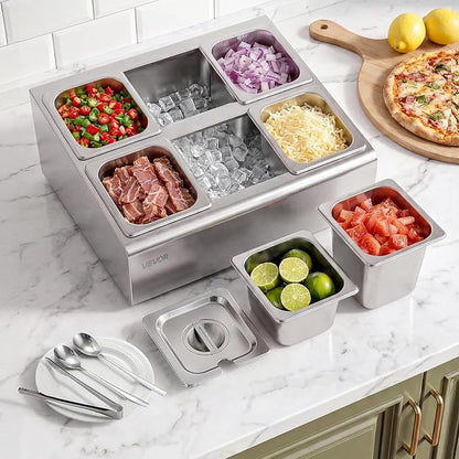 VEVOR Countertop Food Serving Display Container, Stainless Steel Food Salad Server Tray, Buffet Condiment Dispenser, Ice Cooled Rack with Separate Lid, for Restaurant Hotel Kitchen Party (6x1/6 Pan)