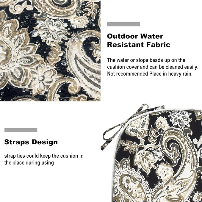 DYTXIII Set of 4 Outdoor Chair Cushions with Ties,Water Repellent Patio Chair Pads 17"x 16" for Outdoor Furniture,Round Corner Seat Cushions for Garden Yard Kitchen Paisley Black