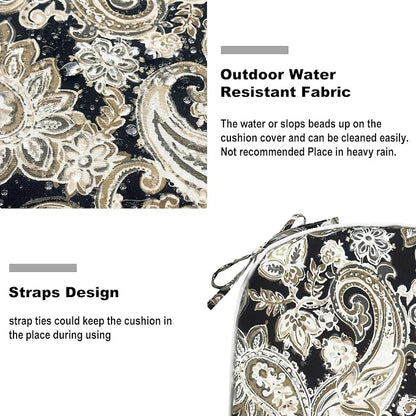 DYTXIII Set of 4 Outdoor Chair Cushions with Ties,Water Repellent Patio Chair Pads 17"x 16" for Outdoor Furniture,Round Corner Seat Cushions for Garden Yard Kitchen Paisley Black