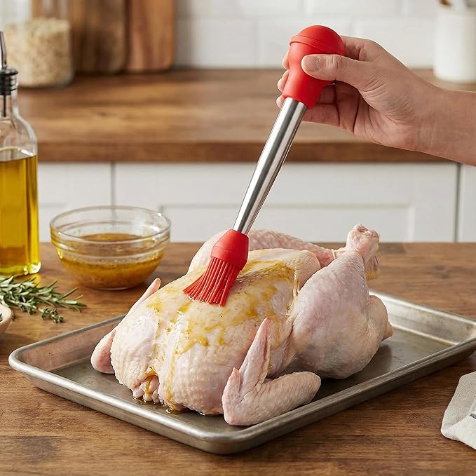 Upgraded Large Turkey Baster with Silicone Brush, Stainless Steel Heavy Duty Baster Syringe for Meat Cooking with Cleaning Brush & 2 Detachable Needles (Red)