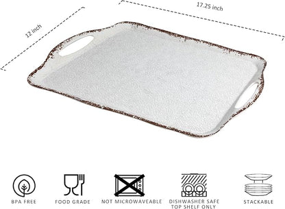 LEHAHA Vintage White Large Serving Tray with Handles, 17.25x12 inch, Set of 2 Melamine Platters for Serving Food, Turkey, Cookie, Rectangular Trays for Eating, Crackled Finish with Rustic Raised Rim.