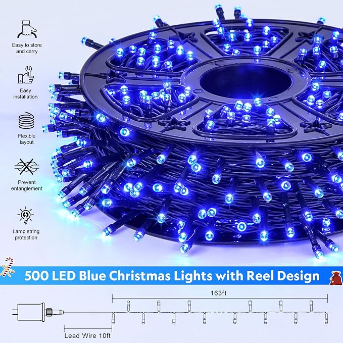 JMEXSUSS 173ft 500 LED Blue Christmas Lights Outdoor with Remote | 8 Modes Plug in Halloween Lights, Waterproof Blue String Lights for Outdoor Indoor Party House Xmas Halloween Decor