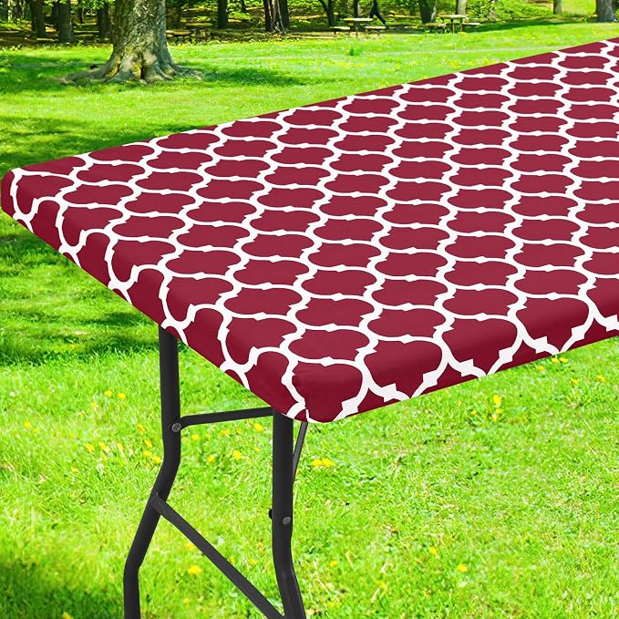 Smiry Picnic Fitted Table Cover, 8 Foot Flannel Backed Vinyl Tablecloth | Waterproof Elastic Stretch Table Cloth, Wipeable Plastic Tablecloth for Camping, Indoor & Outdoor (Wine Red, 30" x 96")