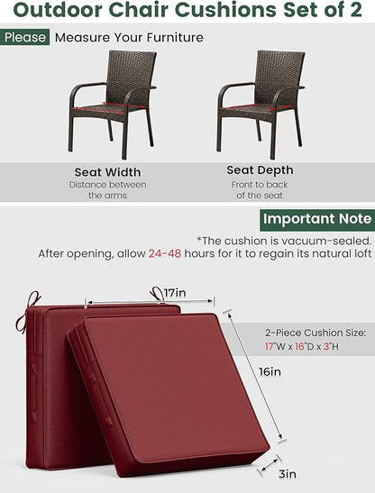Outdoor Chair Cushion 17 x 16 x 3 Inches Patio Furniture Outdoor Waterproof Seat Cushion, Patio Chair Cushion with Handles and Ties, Square Dining Chair Cushion Set of 2, Burgundy
