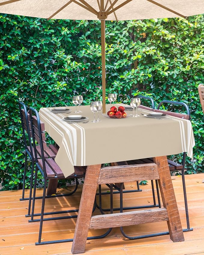 QueenKer Outdoor Tablecloth with Umbrella Hole, Khaki and White Stripe Rectangle Tables Waterproof Tabletop Collection for Patio, Garden, Picnic, Camping, Dining 52 x 70 inch