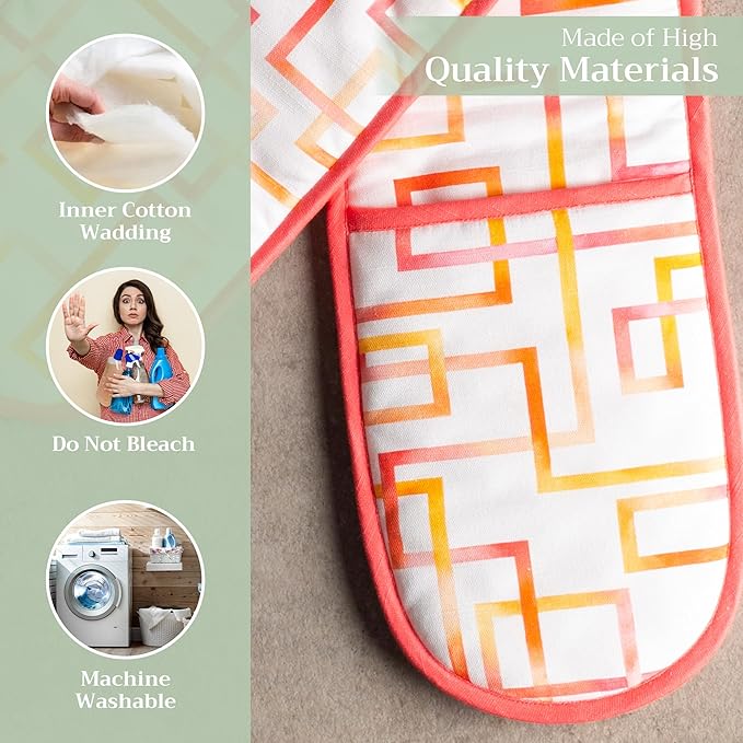 Maison d' Hermine Double Oven Mitts 100% Cotton 7"x35" Double Oven Mitt Heat Resistant BBQ Cooking Gloves with Loop Baking Grilling Kitchen Hotel Home Farmhouse Spring Summer (Summer Maze)
