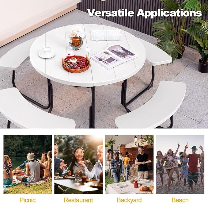 Tangkula 8 Person Picnic Table, Outdoor Round Picnic Table with 4 Built-in Benches, Umbrella Hole, Metal Frame & HDPE Tabletop, Outside Table and Bench Set for Backyard, 2300lbs Weight Capacity