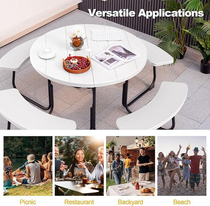 Tangkula 8 Person Picnic Table, Outdoor Round Picnic Table with 4 Built-in Benches, Umbrella Hole, Metal Frame & HDPE Tabletop, Outside Table and Bench Set for Backyard, 2300lbs Weight Capacity