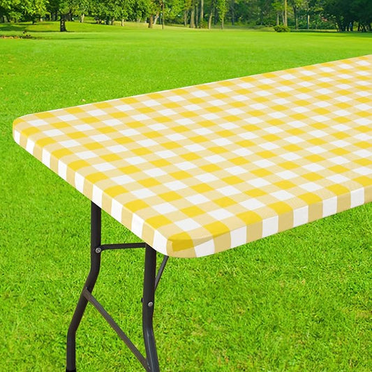 Smiry Rectangle Picnic Table Cloth, Elastic Waterproof Fitted Vinyl Tablecloths, Flannel Backed Buffalo Plaid Table Covers for Dining, Camping, Outdoor (White and Yellow, 36" x 60")