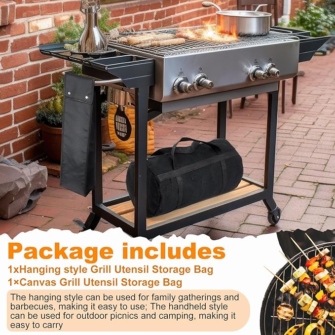 Amylove 2 Pcs Grill Utensil Storage Bag 20" Extra Thick Canvas Barbecue Grill Tool Storage Bag Carry Container Waterproof Zipper Closure, for Outdoor Grilling Camping Hiking Barbecue Accessory(Black)