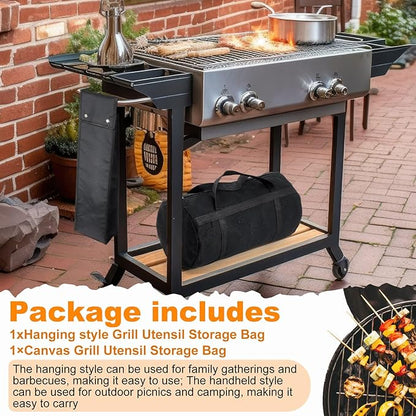 Amylove 2 Pcs Grill Utensil Storage Bag 20" Extra Thick Canvas Barbecue Grill Tool Storage Bag Carry Container Waterproof Zipper Closure, for Outdoor Grilling Camping Hiking Barbecue Accessory(Black)