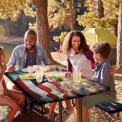 4th of July USA Flag Picnic Table and Bench Fitted Covers, American Flag Composite Photo of States Idols with Fireworks on Background, 28x72 Inch for Dining, Outdoor Camping USE, 3-Piece Set
