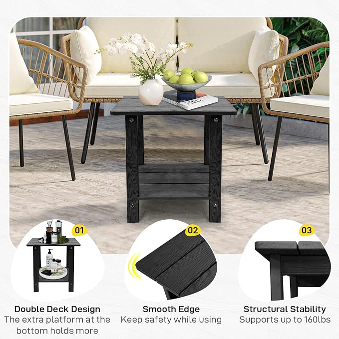 Outdoor Side Table, Weather Resistant Double Small Adirondack Side Table, Outdoor Indoor End Table for Chair, 17" Patio Table for Pool, Deck and Porch, Black (Item2, Black)