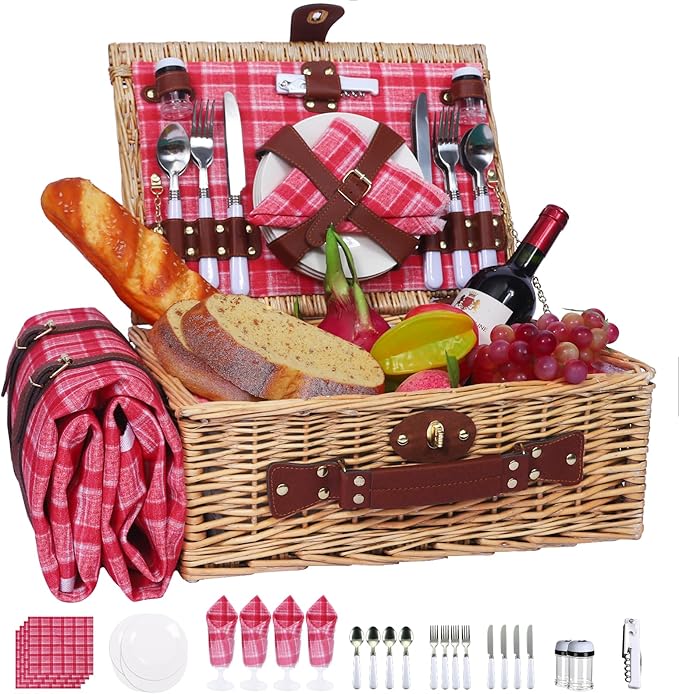 Wicker Picnic Basket Set for 4, Blanket, Cooler Bag, Pink Red Plaid | Four-Person Wicker Set Includes Tableware, Insulated Food Storage and Waterproof Blanket for Parks, Camping, Dates and Gifts